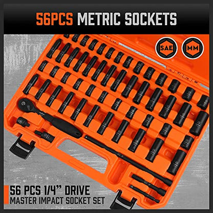 HORUSDY 56-Piece 1/4" Drive Impact Socket Set, Standard SAE (5/32 to 9/16 inch) and Metric (4-15mm) Size, 6 Point, Cr-V, 1/4-Inch Drive Ratchet Wrench, Drive Extension Bar, Impact Universal Joint - style: 56PC 1/4" Set + Ratchet