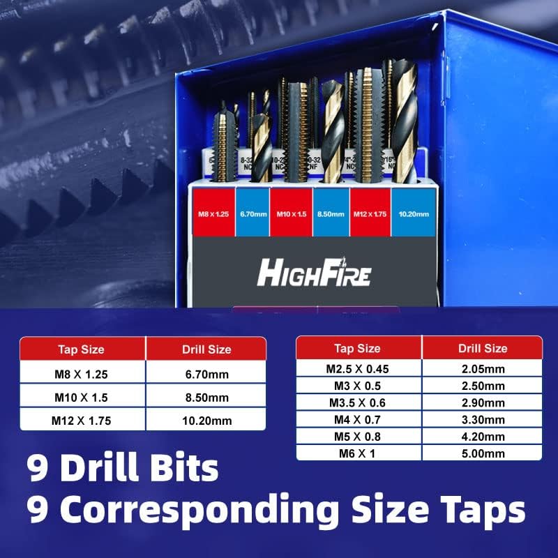 HIGHFIRE 18-Piece Metric Drill and Tap Set with 1 Piece T-Handle Ratchet, Black and Gold Premium HSS Jobber Length Drill Bits and Hand Plug Taps with Metal Indexed Box - size: 18PCS metric