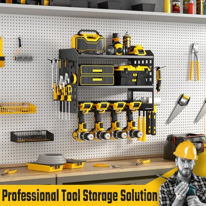 SUNALLY Power Tool Organizer, Heavy Duty Wall Mount Tool Organizer 3 Layers with 4 Drill Holders, Garage Tools Storage Rack with 2 Side Pegboards and Hooks for Workshop, Shed, Black - style: 4 Drill Holders C