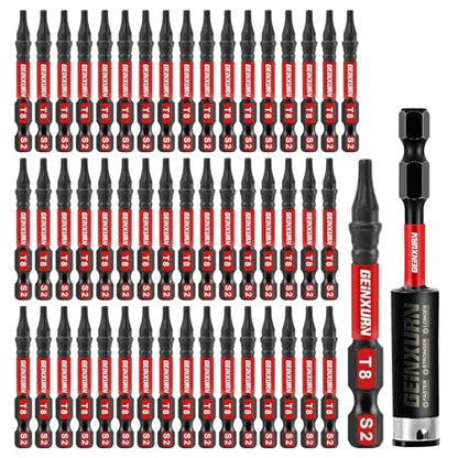 Geinxurn 51 Pieces T8 Impact Tough Magnetic Screwdriver Bit Set, 2 In. #8 Torx Head Power Bit Set, S2 Alloy Steel T8 Star Bit with 1Pc Impact Bit Holder - size: 2"-51PCS, style: T8