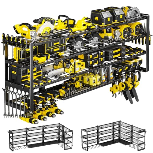 POKIPO Extra Large 64" W Power Tool Organizer Wall Mount, 1000 lbs Load Capacity, Heavy Duty 4 Tier Garage Storage Rack with 8 Drill Holders, 2 in 1 Corner or Straight Installation - color: Black, size: 64” W