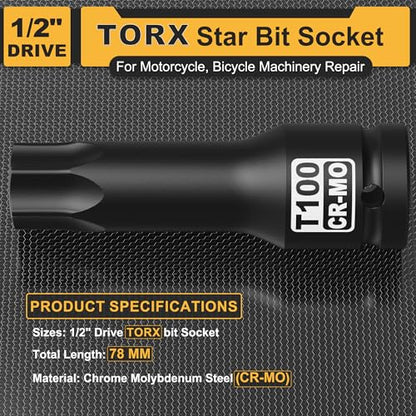 1/2" Drive T100 Torx Bit Socket, Star Bit Socket, CR-MO Steel, Motorcycle, Bicycle Machinery Repair - size: 1/2" T-100 Deep