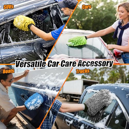 Car Wash Mitt Microfiber, Premium Chenille Microfiber Wash Car Mitts Sponge Scratch Free & Lint-Free, Mitts Waterproof Lining 4 Pack Yellow (8''X12'') - size: XCST_8X12IN_YE_4PCS