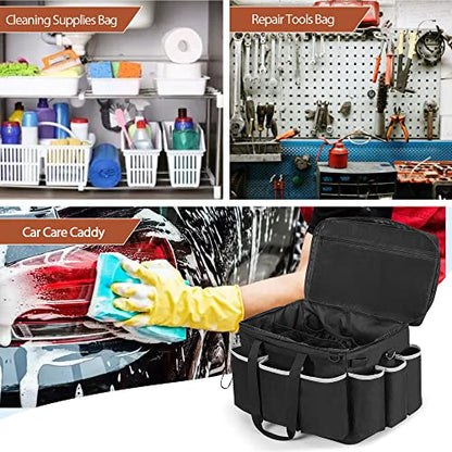 HODRANT Extra-Large Detailing Bag with Waterproof EVA Hard Bottom | Detail Supplies Organizer for Polisher, Bottles & Detailing Kit, Car Care Tools Tote with Lid & Shoulder Strap, Patent Design
