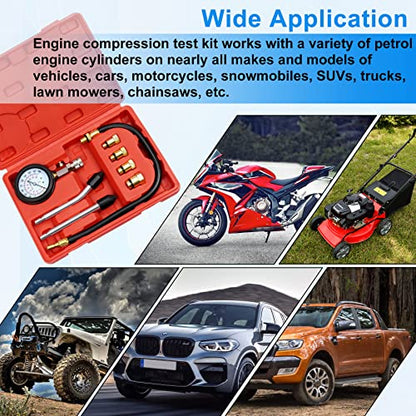 JoyFans 0-300 PSI Compression Tester Automotive Tool, Petrol Gas Engine Cylinder Pressure Test Kit with Gauge Adapter M10 M12 M14 M18 for Small Engine Cars Motorcycles Trucks SUVs Red - color: Red