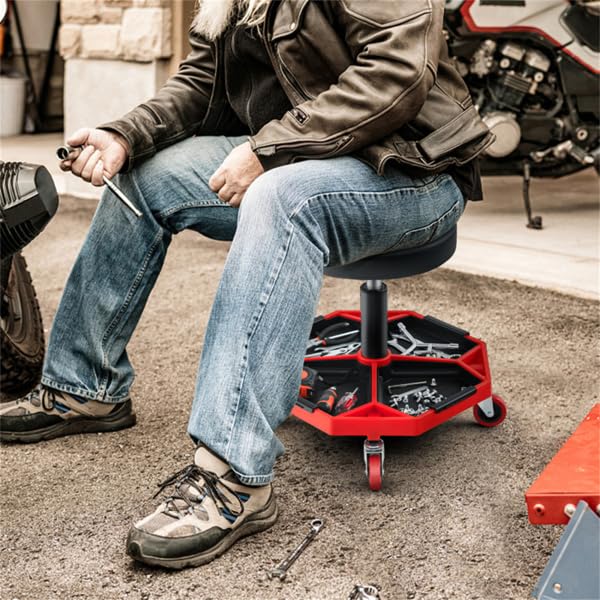 Heavy Duty Rolling Mechanic Stool, Adjustable Height Garage Shop Seat with Tool Tray Storage, 360° Swivel Caster Workshop Stool for Auto Repair, Professional Technician Rolling Work Seat