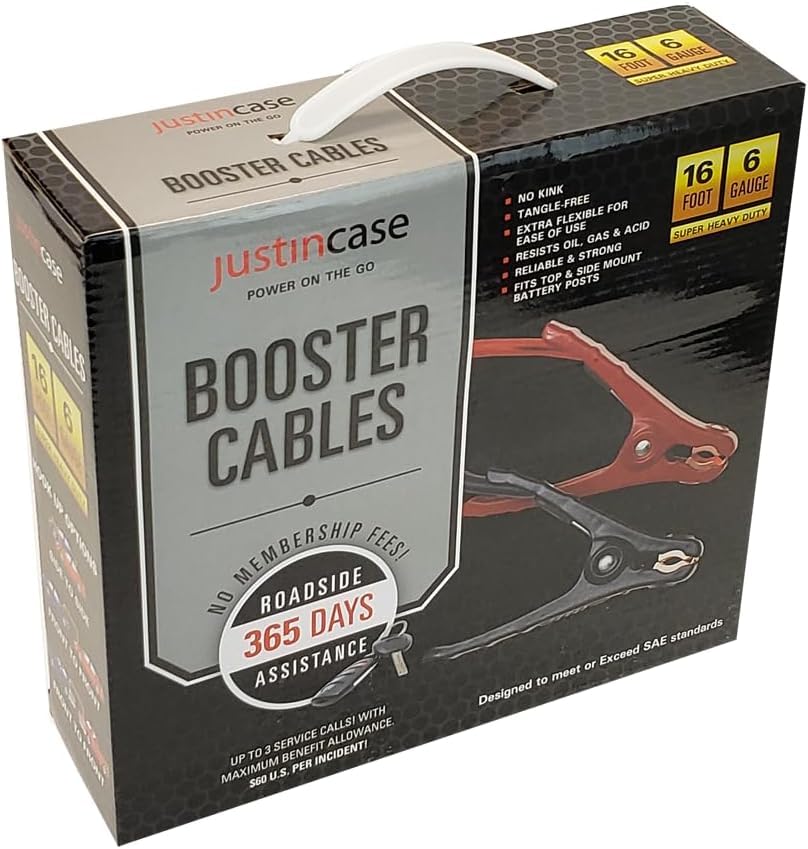 Justin Case Super Heavy-Duty Jumper Cables for Car, Includes 6 Gauge Wire Conductor 16' Car Jumper Cables & 365 Days of Roadside Assistance - size: 16ft 6ga