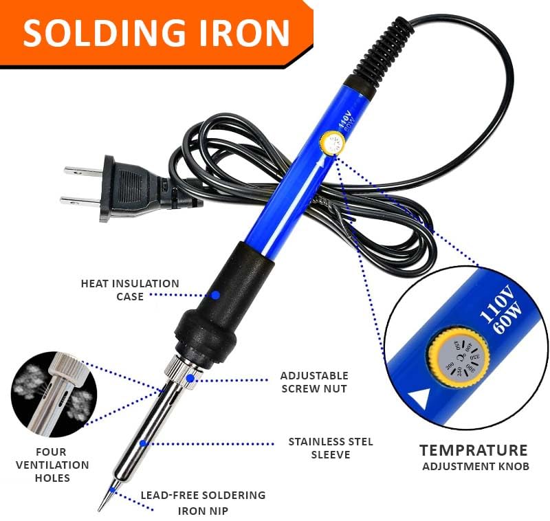 Soldering Iron Kit with Digital Multimeter,60W 110V Adjustable Temperature,5 Tips, Desoldering Pump, Wire Stripper,Carry Case-Electric Soldering Set for Electronics Repair,PCB,Arduino,DIY
