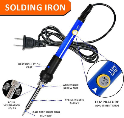 Soldering Iron Kit with Digital Multimeter,60W 110V Adjustable Temperature,5 Tips, Desoldering Pump, Wire Stripper,Carry Case-Electric Soldering Set for Electronics Repair,PCB,Arduino,DIY