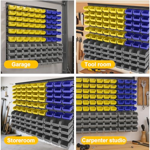 Wall Mounted Storage System 90PCS - Heavy-Duty Plastic Bins for Garage，Home, Closet & Bedroom Organization, Rack Holds Nuts, Bolts, Tools, Hardware - color: 30blue+30yellow+30grey