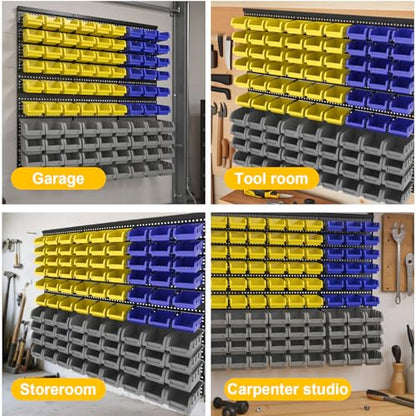 Wall Mounted Storage System 90PCS - Heavy-Duty Plastic Bins for Garage，Home, Closet & Bedroom Organization, Rack Holds Nuts, Bolts, Tools, Hardware - color: 30blue+30yellow+30grey