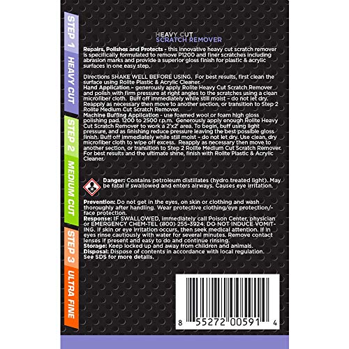 Rolite 3 Step Scratch Removal System for Clear Plastic and Acrylic Surfaces - Heavy Cut, Medium Cut and Ultra Fine Combo Set Removes Scratch and Swirl Marks, 3 - 4 Ounce Bottles