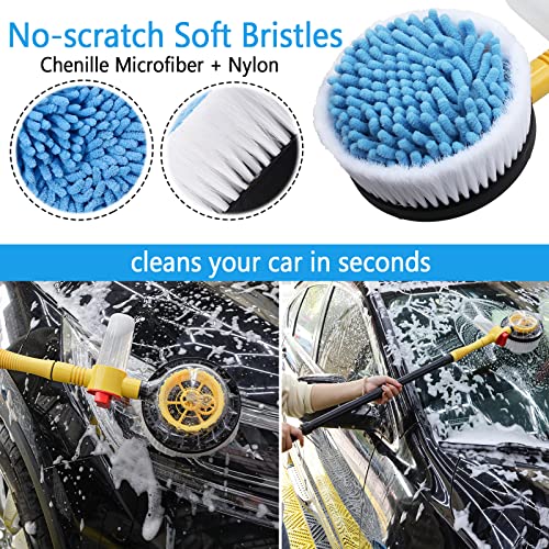 Rotating Car Wash Brush with Hose Attachment, Soft Chenille Microfiber Bristle Car Cleaning Brush Wash Mop Scrub Brush, Long Handle Car Washing Brush Kit with Soap Dispenser (Yellow)