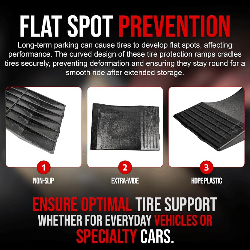 USA Made Extra-Wide Heavy-Duty Flat-Free Tire Ramps with 4 Thick Mats – Prevent Flat Spots During Long-Term Storage – Non-Slip HDPE Ramps Support 10 Tons – for Cars, RVs, Trucks – Set of 4