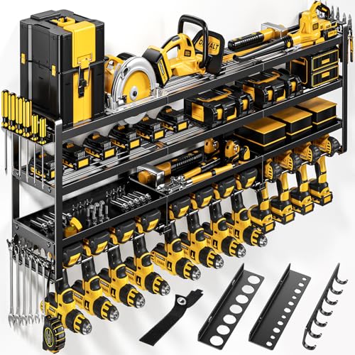 POKIPO 49" W Large Power Tool Organizer Wall Mount, 4 Layer Heavy Duty Loads 800 lbs, Tool Storage Rack Holds 12 Cordless Drills, Large Capacity Battery Holder for Garage, Gift for Men - color: Black, size: 49” W