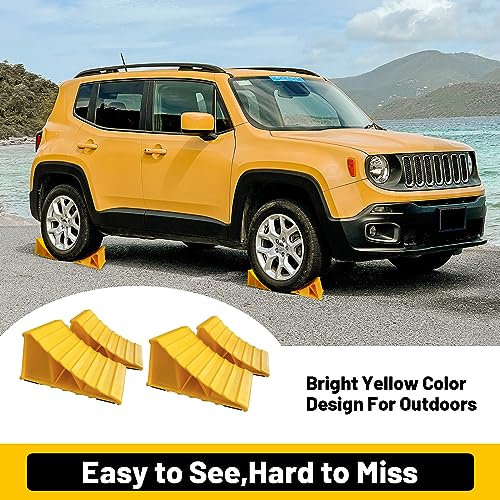 HOXWELL 2 Pairs Wheel Chocks for Travel Trailers, Non Slip Heavy Duty Yellow Wheel Chock, Lightweight Wheel Stoppers for Cars Camper Trucks RVs, Easy to Carry & Suitable for Most Tyre Sizes