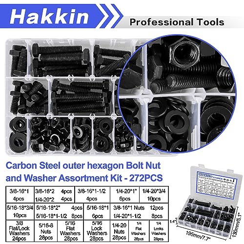 272PCS Hex Bolts and Nuts Kit, 1/4, 5/16, 3/8 Hex Bolts Screws Nuts Flat Lock Washers Assortment Kit, Carbon Steel Machine Screws Set Grade 8.8 (Black) - size: 272PCS 1/4 5/16 3/8 Hex Bolts Black