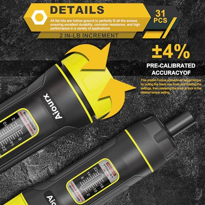 Torque Screwdriver Wrench Set, 2-22 Inch Pounds lbs, 31 Piece 1/4" Drive Torque Screwdriver Wrench with S2 Steel Bits for Bicycle Mechanics, Mechanical Equipment, and Mounting - size: 2-22 in.-lb. Standard