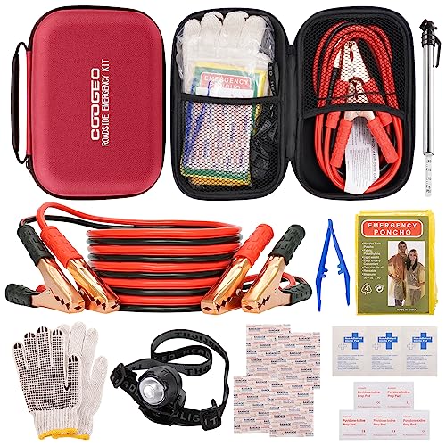 Car Roadside Emergency Kit with Battery Jumper Cables,Car Accessories for Men or Women,Automotive Safety Kit for Car,Vehicle, Truck or SUV,Gifts for Men or Him,Red - color: Red, size: 9 Pcs