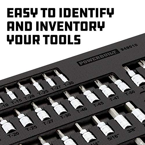 Powerbuilt 64 Piece Bit Socket Set, Hex, Torx, Specialty Bits, Up to 4 Inch Length, Long Reach E-Torx, Laser-Cut Organizing Tray, 949010 - size: 64pc,Bit Socket, style: 64 Piece Bit Socket