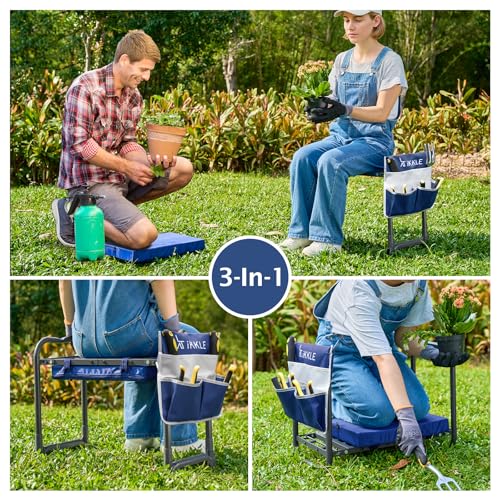 ikkle Heavy Duty Garden Kneeler and Seat, 838LB+ Capacity | Gardening Stool with Thicken & Widen Soft Kneeling Pad, Foldable Gardener Stool with Tool Pouch, Gift for Women, Gardeners