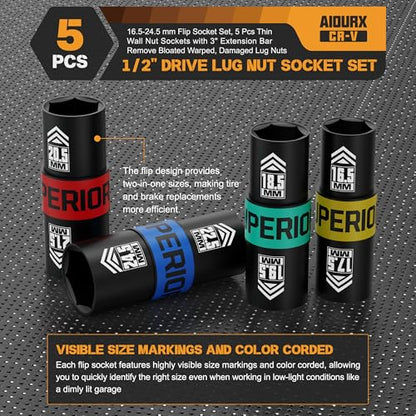 1/2" Drive Lug Nut Socket Set, 16.5-24.5 mm Flip Socket Set, 5 Pcs Thin Wall Nut Sockets with 3" Extension Bar, Remove Bloated Warped, Damaged Lug Nuts