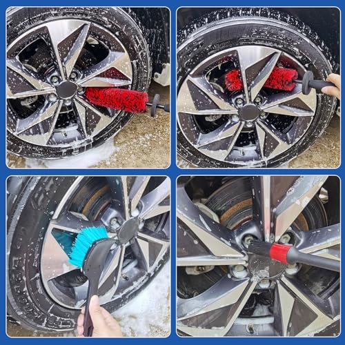 4 Pack Car Wheel and Tire Cleaner Brushes Kit Auto Motorcycle Rim Hub Ultra Soft Microfiber No Spatter Bendable Woolies Bristle Cleaning Set - color: Red & Black