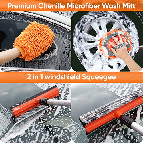 Wontolf 62'' Car Wash Brush with Long Handle, Scratch-Free Soft Bristles Sturdy Car Wash Mop, Complete Cleaning Brush Kit Wash Mitt Towel Windshield Squeegee Wheel Tire Brush for Car Truck RV Orange - color: Orange