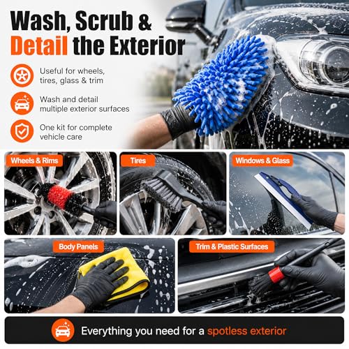 18-Piece Car Detailing Kit – Complete Car Interior Detailing Kit and Exterior Cleaning Set with Detail Brushes, Wire Brushes, Waxing Mop, and Microfiber Accessories for Vehicles