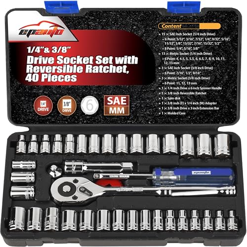 EPAuto 40 Pieces 1/4-Inch & 3/8-Inch Drive Socket Set, 72 Tooth Ratchet - color: Compact 40 Pcs