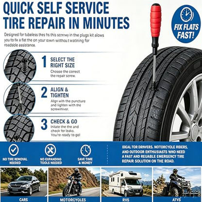62-Piece Tire Repair Kit, Tire Plug Screws, Tubeless Tire Puncture Repair | Tire Plug Spiral Rubber Screws, Tubeless Puncture Repair, Emergency Tool w/ Screwdriver for Car, Truck, Motorcycle, ATV, SUV