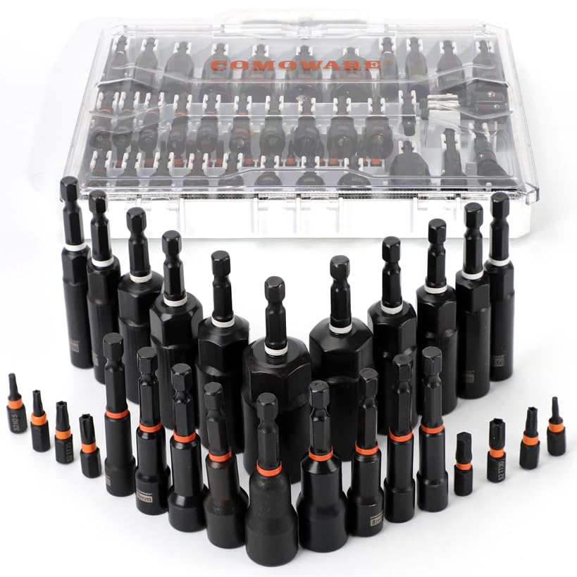 COMOWARE Magnetic Impact Nut Driver Set, 55Pcs Deep Nut Driver Set, Metric/SAE Sockets, Bit Extension, 1/4'' Quick Change, Cr-V Steel for Automotive & Industrial Use