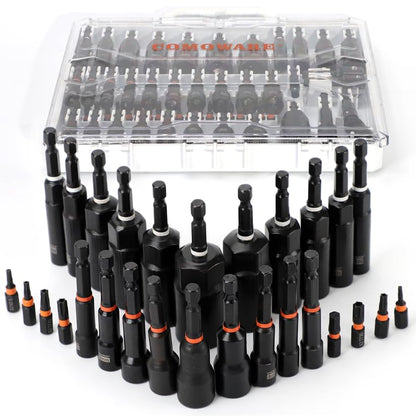 COMOWARE Magnetic Impact Nut Driver Set, 55Pcs Deep Nut Driver Set, Metric/SAE Sockets, Bit Extension, 1/4'' Quick Change, Cr-V Steel for Automotive & Industrial Use