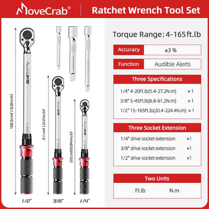 6pcs Click Torque Wrench Set, 1/4" 3/8" 1/2" Drive Dual-Direction Adjustable, 4-20Ft.lb / 5-45Ft.lb / 15-165Ft.lb, Dual-Scales ±3% Accuracy for Bicycle Motorcycle Car - size: 6pcs Torque Wrench Set