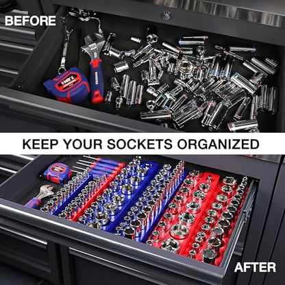 WORKPRO Magnetic Socket Organizer, 1/2-Inch Metric Socket Holder | Hold 19-Piece Sockets, Suitable for Standard and Deep Socket, Magnetic Base, No Scratches Installation, Sockets not Included - size: 1/2" DR - Metric