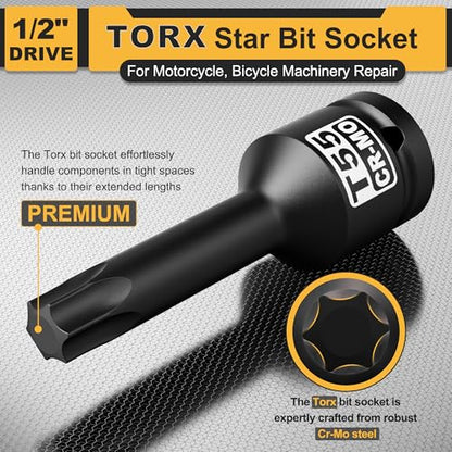 1/2" Drive T55 Torx Bit Socket, Star Bit Socket, CR-MO Steel, Motorcycle, Bicycle Machinery Repair - size: 1/2" T55 Deep