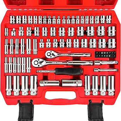 WETT 1/4" and 3/8" Drive Socket Set, 86-Piece Socket Wrench Set with Quick-Release Ratchet, Extention Bar, Adapter, 1/4" Bits, CR-V Steel, Metric/SAE, Deep/Shallow, Mirror Chrome Finish - size: 86pcs 1/4" & 3/8" (SAE/Metric, Deep/Shallow)