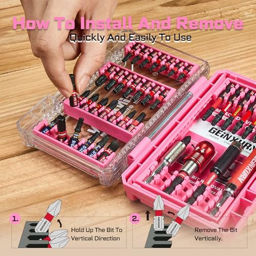 Geinxurn 40Pieces Impact Screwdriver Bits Set, Magnetic S2 Steel Phillips/Slotted/Square/Torx Insert Power Bits Tips, Impact Bit Holder with Pink Storage Box Case - style: STKB040-PK