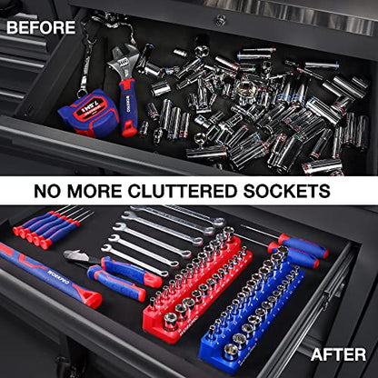 WORKPRO 1/4-inch Magnetic Socket Organizer Set, 2-Piece SAE & Metric Socket Holders, Holds 52 Standard and Deep Sockets for Tool Box, Tool Carts (Sockets Not Included) - size: 1/4" SAE&Metric