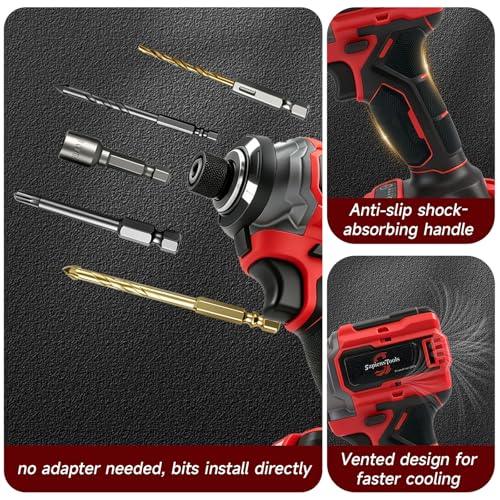21V Brushless 1/4'' Impact Driver kit,with 2*2.0AH Batteries,300N.m High Torque,4-Speed Adjustable Torque with Memory Function,Variable Speed ＆Brake Stop,LED Light,for Wood Metal Drilling