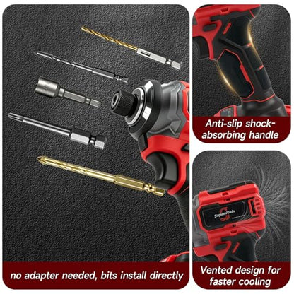 21V Brushless 1/4'' Impact Driver kit,with 2*2.0AH Batteries,300N.m High Torque,4-Speed Adjustable Torque with Memory Function,Variable Speed ＆Brake Stop,LED Light,for Wood Metal Drilling