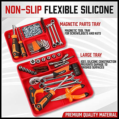 SEDY Premium Silicone Tool Tray, Automotive Non-Slip Flexible Silicone Tool Trays, Tool Organizer | 2 Piece Multi Purpose Mats with Magnetic Small parts Tray