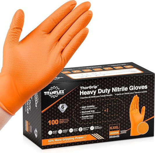 TitanFlex Heavy Duty Orange Nitrile Gloves, 6 Mil, Raised Diamond Texture, Mechanic Disposable Gloves, Latex Free Powder Free - color: 04 6mil (100ct), size: XX-Large