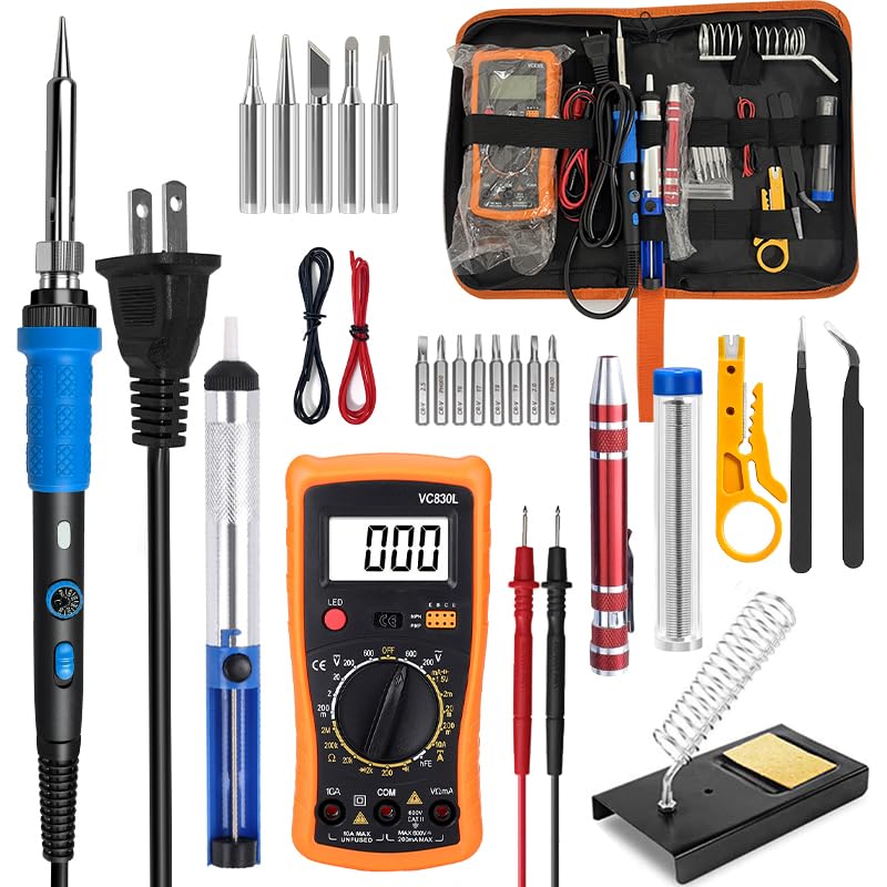 908B Blue All-in-One Soldering & Desoldering Kit with Multimeter, 60W Adjustable Soldering Iron for Electronics Repair, Includes 5 Tips, Solder, Pump, Wick, Tweezers, 110V - color: Dark Blue