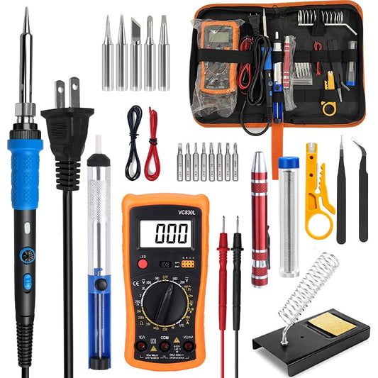 908B Blue All-in-One Soldering & Desoldering Kit with Multimeter, 60W Adjustable Soldering Iron for Electronics Repair, Includes 5 Tips, Solder, Pump, Wick, Tweezers, 110V - color: Dark Blue