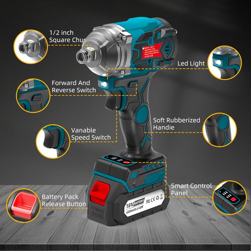 MZG 550N Torque Cordless Impact Wrench,1 * 5.2Ah Lithium-Ion Power, 1/2" Impact Gun for Home/Car/Truck Tire Lug Nut Removal Tool Set Impact Driver, Electric Impact Motor Variable Speeds