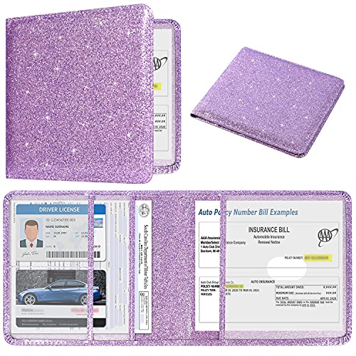 DMLuna Car Registration and Insurance Holder, Folio Leather Vehicle Card Document Glove Box Organizer, Driver License Cards, Glitter Purple - color: Glitter Purple, size: Folio Style