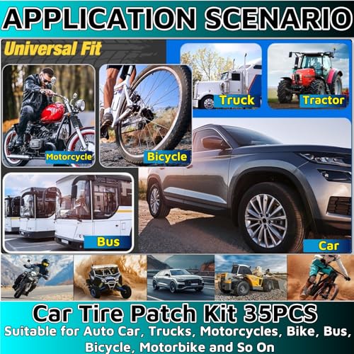 35PCS Flat Tire Repair Kit Car Tire Patch Kit Heavy Duty Tire Repair Tool Car Tire Repair Kit,30pcs Tire Patches 32mm/42mm/58mm with Tire Patch Roller Tire Inner Liner Scraper for Car Motorcycle Bike