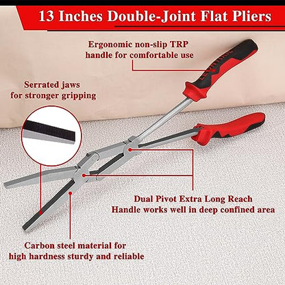Dual Pivot Double-Joint Flat Pliers With Serrated Jaw Extra Long Reach Compound Action for Hard to Reach Narrow Spaces - style: Flat Nose