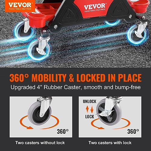 VEVOR Mechanic Stool 300 LBS Capacity Garage Stool Gift for Men, Heavy Duty Rolling Mechanics Seat, with Three Slide Out Tool Trays and Drawer, Tools for Automotive Auto Repair | Auto Repair Heavy Duty Plastic Rolling Mechanics Seat with Cushion, Three Sl
